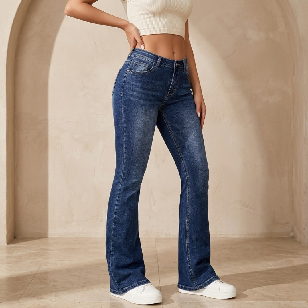 Women's mid-waist stretch flared jeans by My Store, slim fit denim pants with a stylish flared leg design.