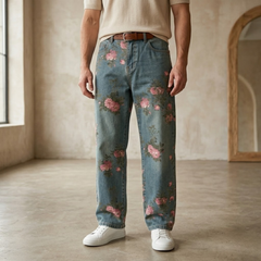 Unisex rose print wide-leg floral denim jeans for men with relaxed fit and stylish floral pattern, casual pants by My Store