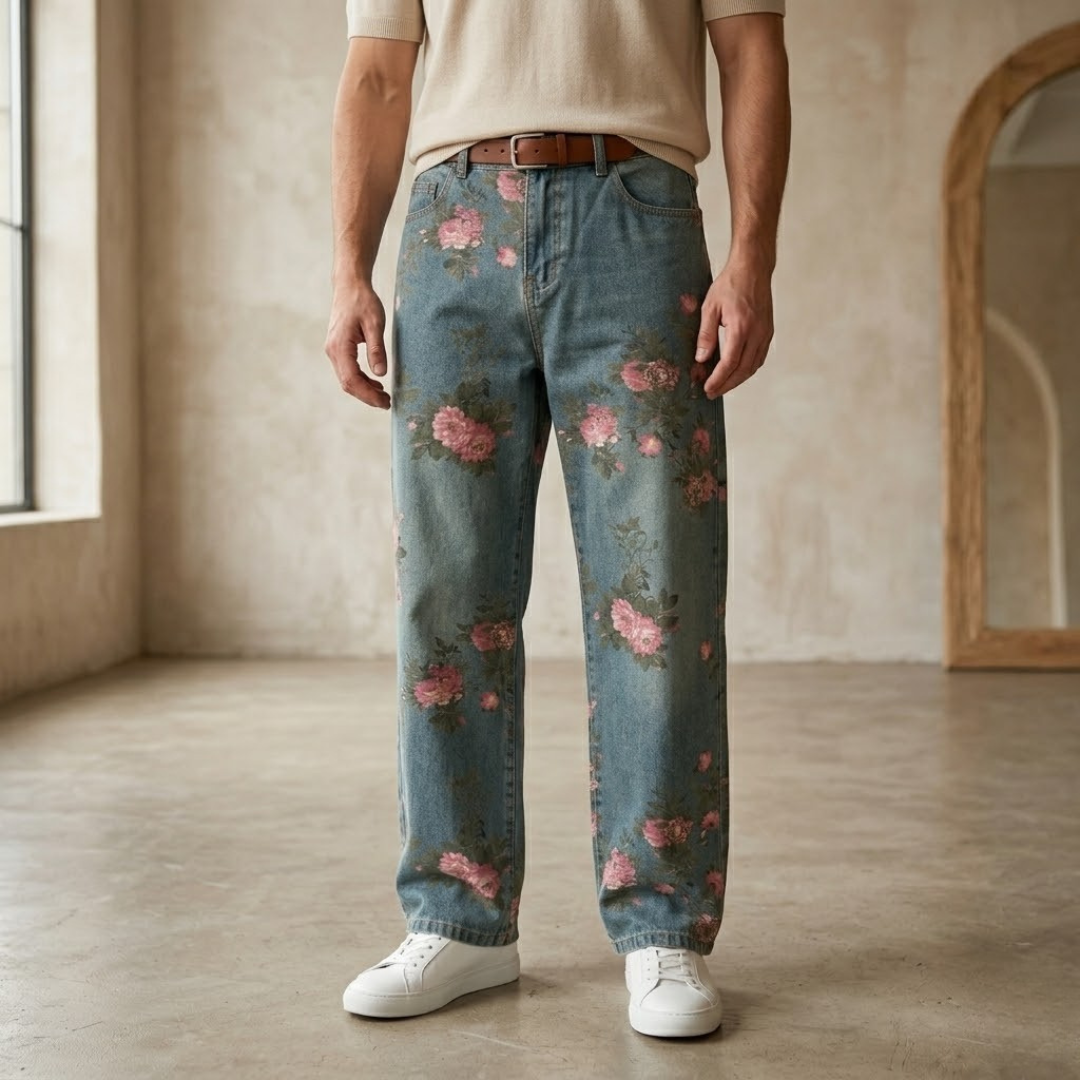 Unisex rose print wide-leg floral denim jeans for men with relaxed fit and stylish floral pattern, casual pants by My Store