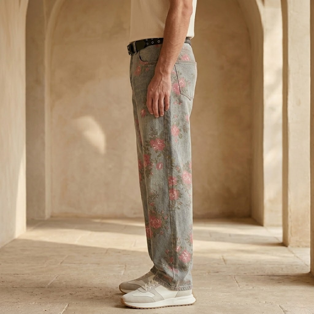 Pink floral baggy wide-leg denim jeans for men, featuring relaxed fit and stylish design from My Store.