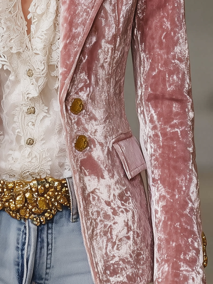 Pink velvet blazer with gold buttons for women, stylish jacket featuring a tailored fit and elegant design.