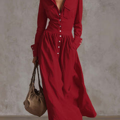 Long sleeve high waisted maxi dress with buttoned pleated pockets and lapel collar, solid color, split-joint design, by My Store.