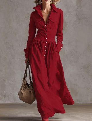 Long sleeve high waisted maxi dress with buttoned pleated pockets and lapel collar, solid color, split-joint design, by My Store.