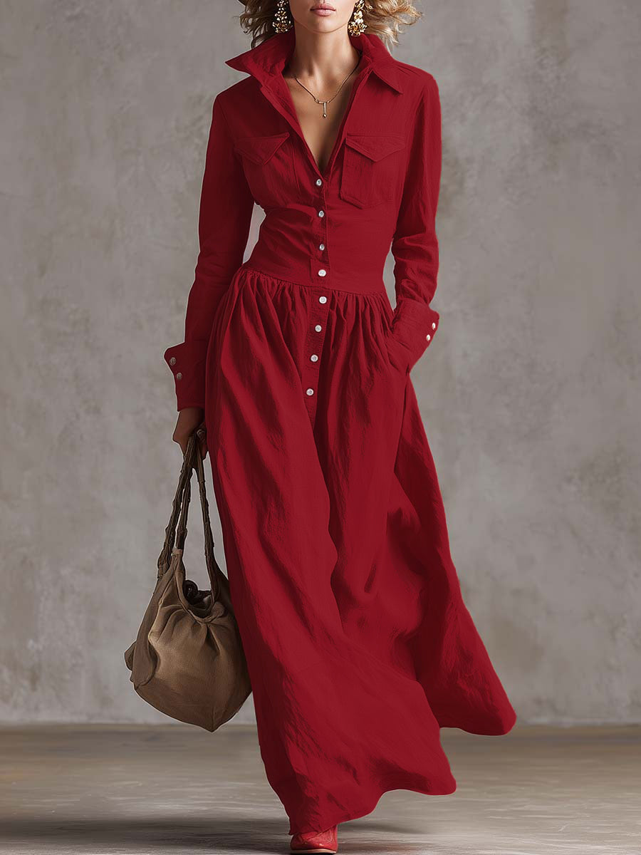 Long sleeve high waisted maxi dress with buttoned pleated pockets and lapel collar, solid color, split-joint design, by My Store.
