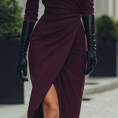 Deep burgundy draped wrap midi dress by My Store, featuring elegant summer style, perfect for business or casual occasions.