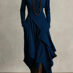 Solid color high-neck long-sleeved irregular casual maxi dress from My Store, shown on a model in a relaxed pose.