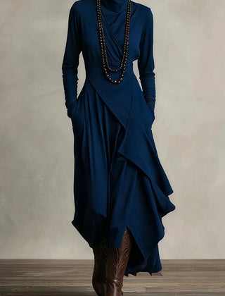 Solid color high-neck long-sleeved irregular casual maxi dress from My Store, shown on a model in a relaxed pose.