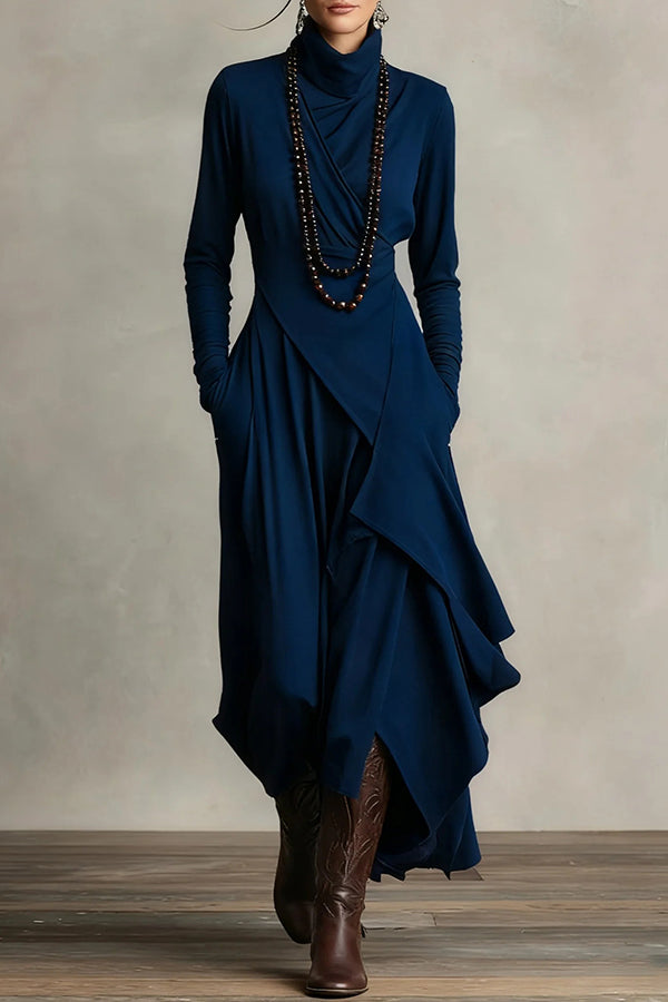 Solid color high-neck long-sleeved irregular casual maxi dress from My Store, shown on a model in a relaxed pose.
