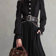 Vintage button lace hem pleated midi dress by My Store, showcasing the detailed lace hem and classic pleated design.