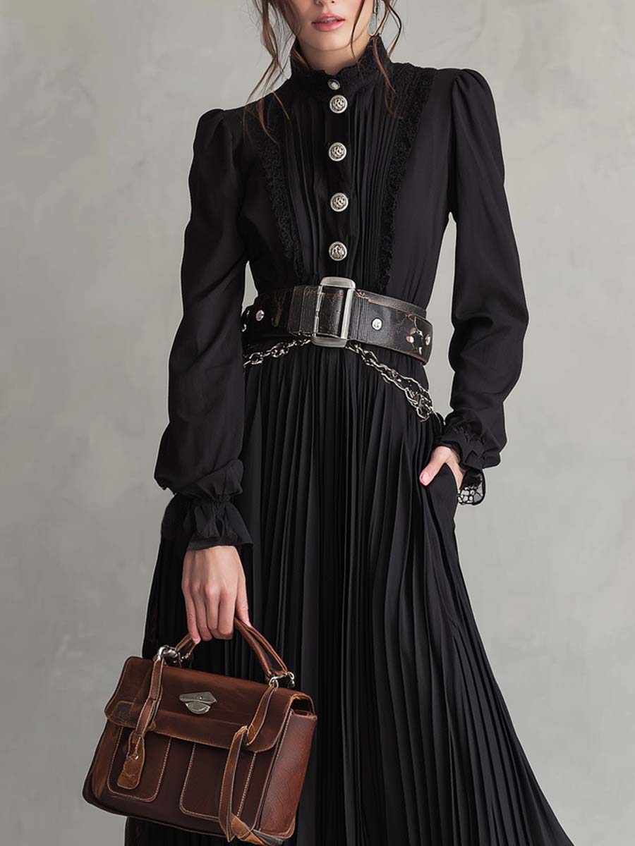 Vintage button lace hem pleated midi dress by My Store, showcasing the detailed lace hem and classic pleated design.