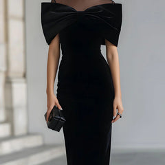 Elegant midi dress for women, Bardot velvet style, featuring a fitted silhouette and off-shoulder neckline, stylish women's clothing.