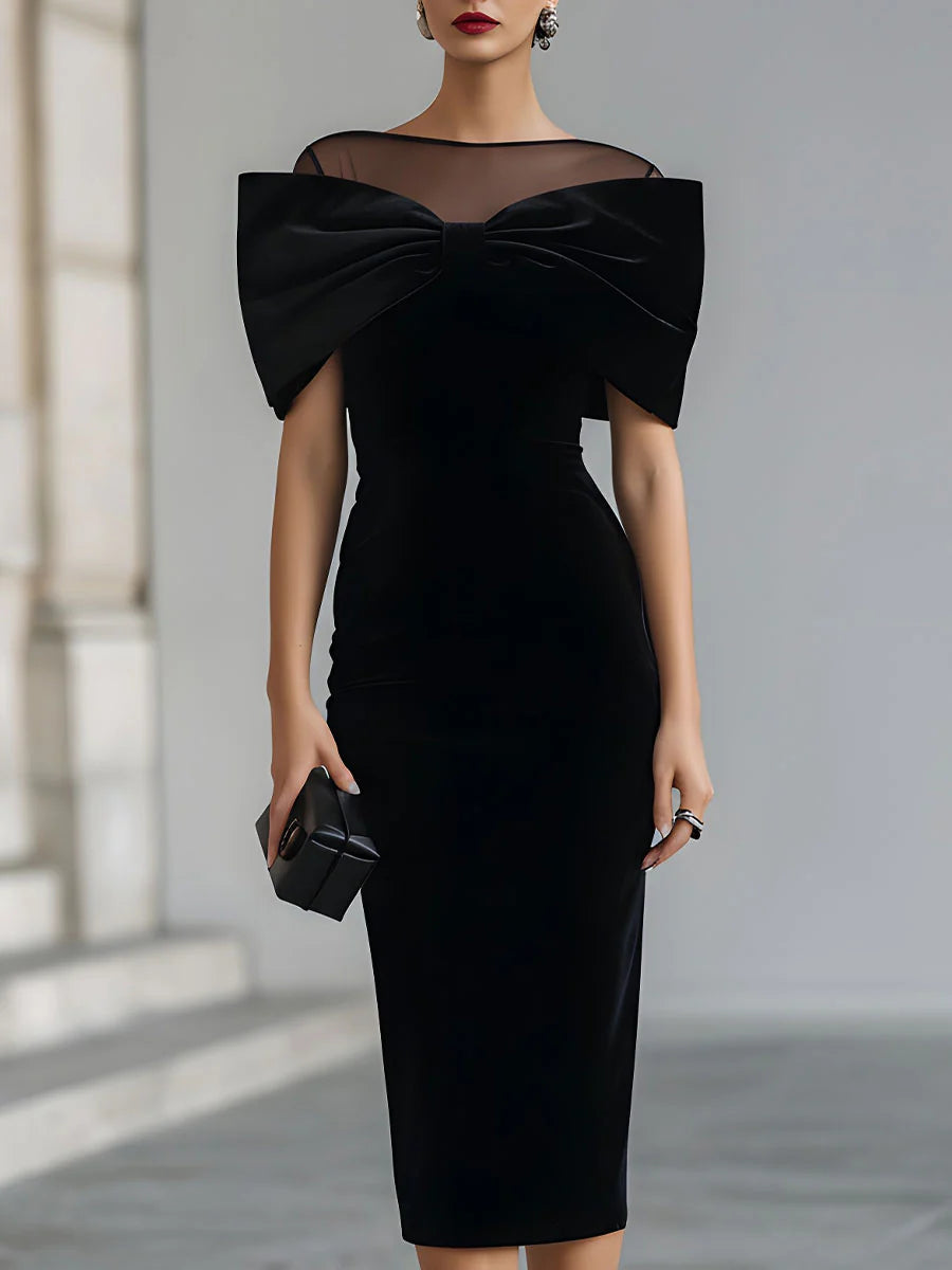 Elegant midi dress for women, Bardot velvet style, featuring a fitted silhouette and off-shoulder neckline, stylish women's clothing.