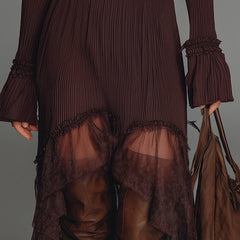 Mesh pleated midi dress by My Store featuring a flowy, casual design with a fitted waist and layered fabric details.