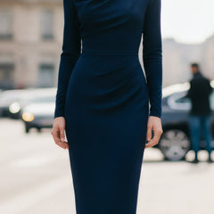 Navy draped long-sleeve midi dress by My Store, featuring a stylish and elegant design perfect for summer business attire.