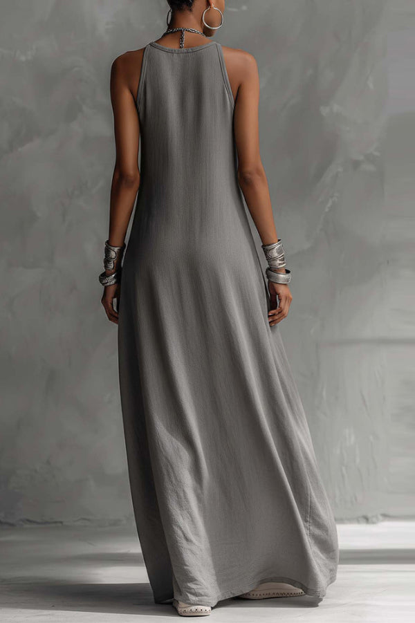 Color-blocked round neck sleeveless casual maxi dress with pockets, loose fit, by My Store, featuring a stylish and comfortable design.