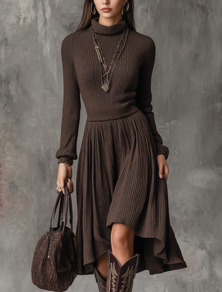 Retro high-neck long-sleeve ribbed knit midi dress by My Store, bodycon fit, in a classic style perfect for stylish occasions.