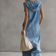 Blue denim V-neck midi dress from My Store featuring a casual fit and sleeveless design, displayed on a hanger.