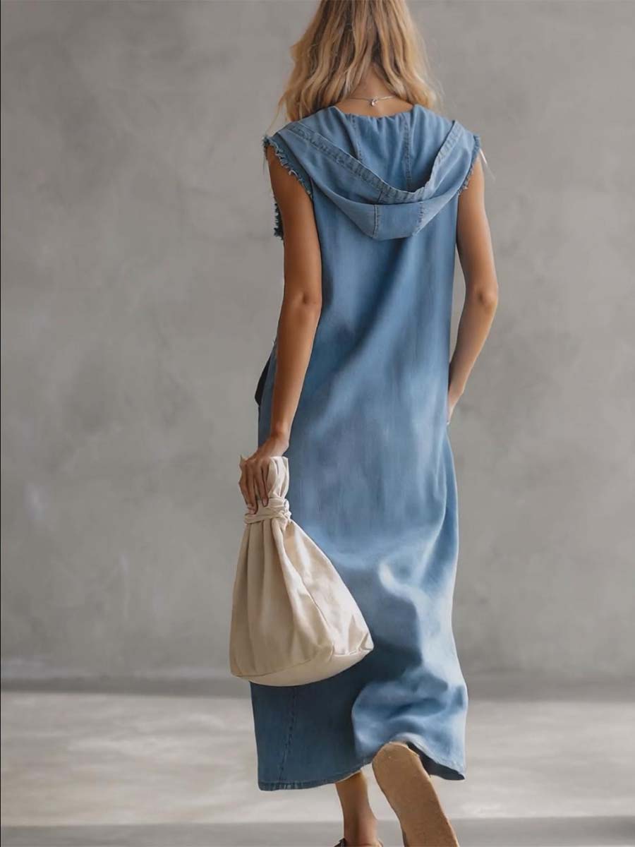 Blue denim V-neck midi dress from My Store featuring a casual fit and sleeveless design, displayed on a hanger.