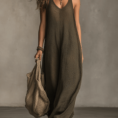 Olive green knit sleeveless maxi dress by My Store, casual style, flowing fabric, floor-length design, perfect for warm weather.