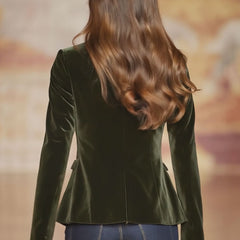 Dark green velvet blazer for women with gold buttons, stylish jacket for formal or casual wear.