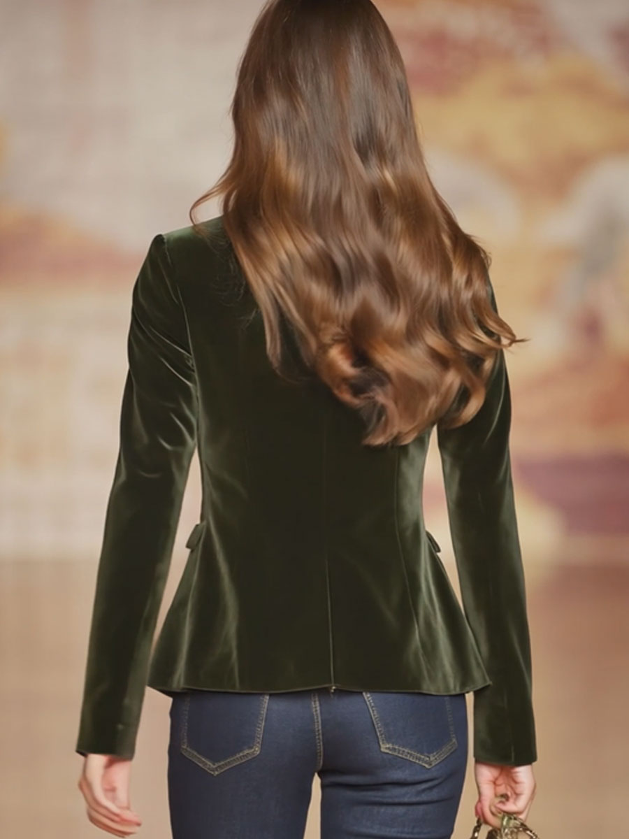 Dark green velvet blazer for women with gold buttons, stylish jacket for formal or casual wear.