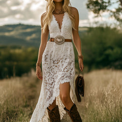 White lace maxi dress from My Store featuring a flowing silhouette, delicate lace details, and a casual elegant style.
