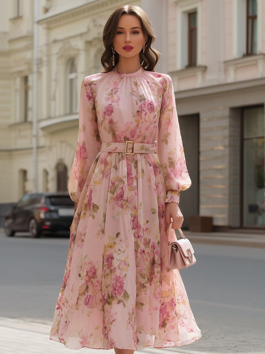 Blush floral chiffon A-line midi dress for women by Tammy Bradley, featuring a flowy fabric and elegant floral pattern.