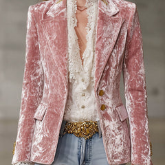 Pink velvet blazer for women with gold buttons, stylish jacket from My Store, perfect for chic office or casual wear.