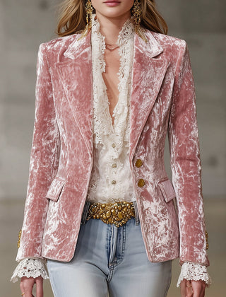 Pink velvet blazer for women with gold buttons, stylish jacket from My Store, perfect for chic office or casual wear.