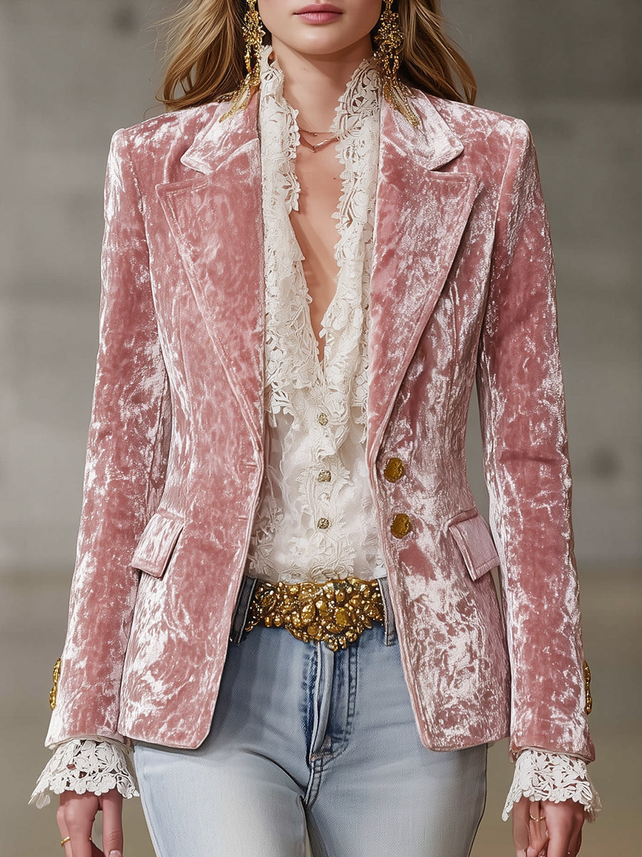 Pink velvet blazer for women with gold buttons, stylish jacket from My Store, perfect for chic office or casual wear.
