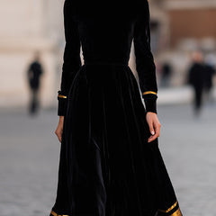 Elegant velvet midi dress with gold trim, featuring a fitted bodice and flowing skirt, designed by My Store.