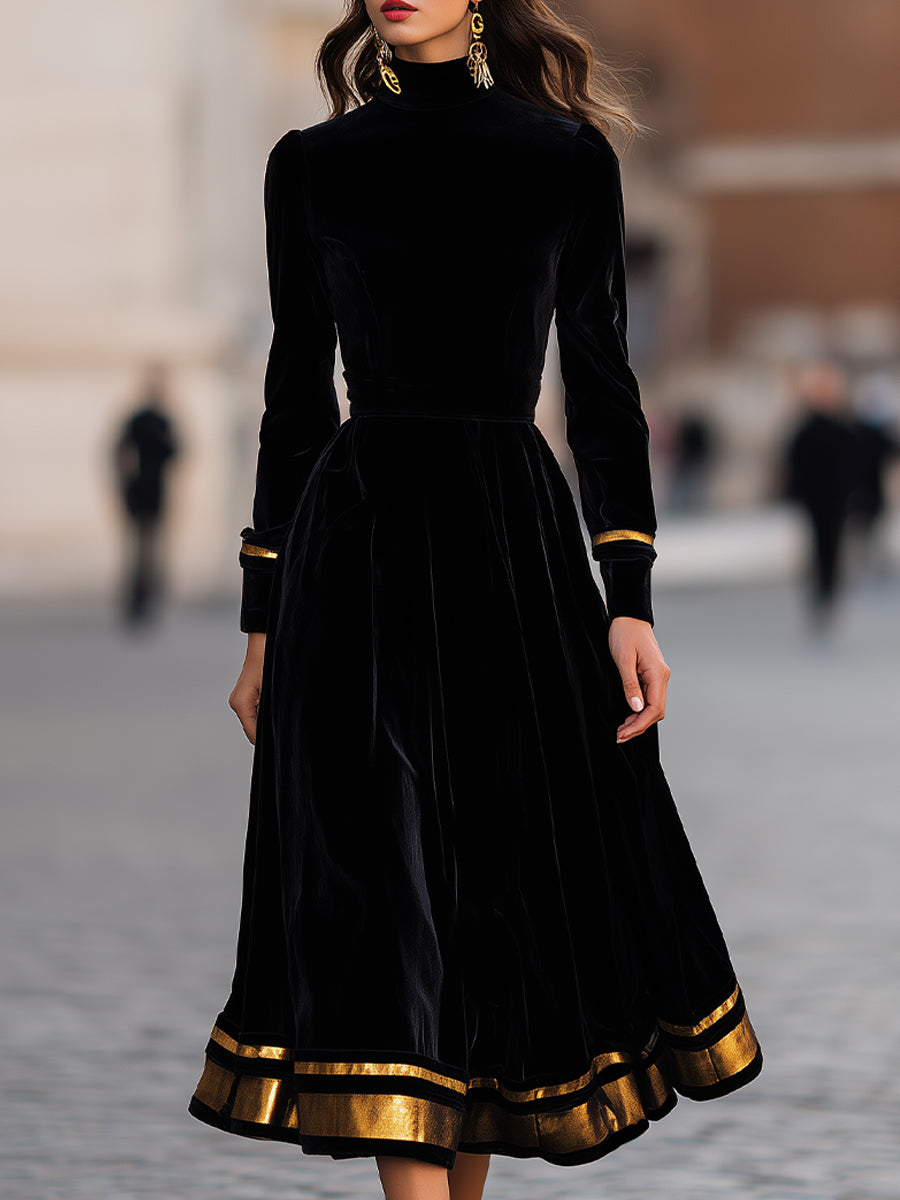 Elegant velvet midi dress with gold trim, featuring a fitted bodice and flowing skirt, designed by My Store.