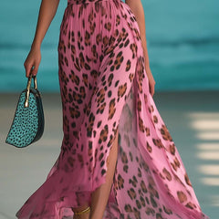 Pink chiffon V-neck maxi dress for women, flowing chiffon fabric, elegant design, from My Store.