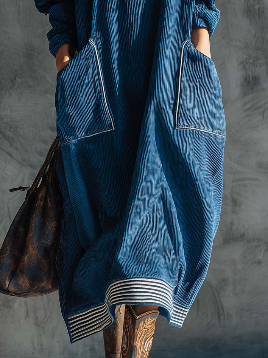 Blue corduroy midi dress from My Store featuring a casual style, with a fitted bodice and flowing skirt, displayed on a hanger.