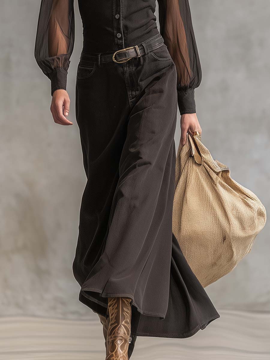 Black denim V-neck maxi dress by My Store, featuring a casual style with a flowing length and sleeveless design.