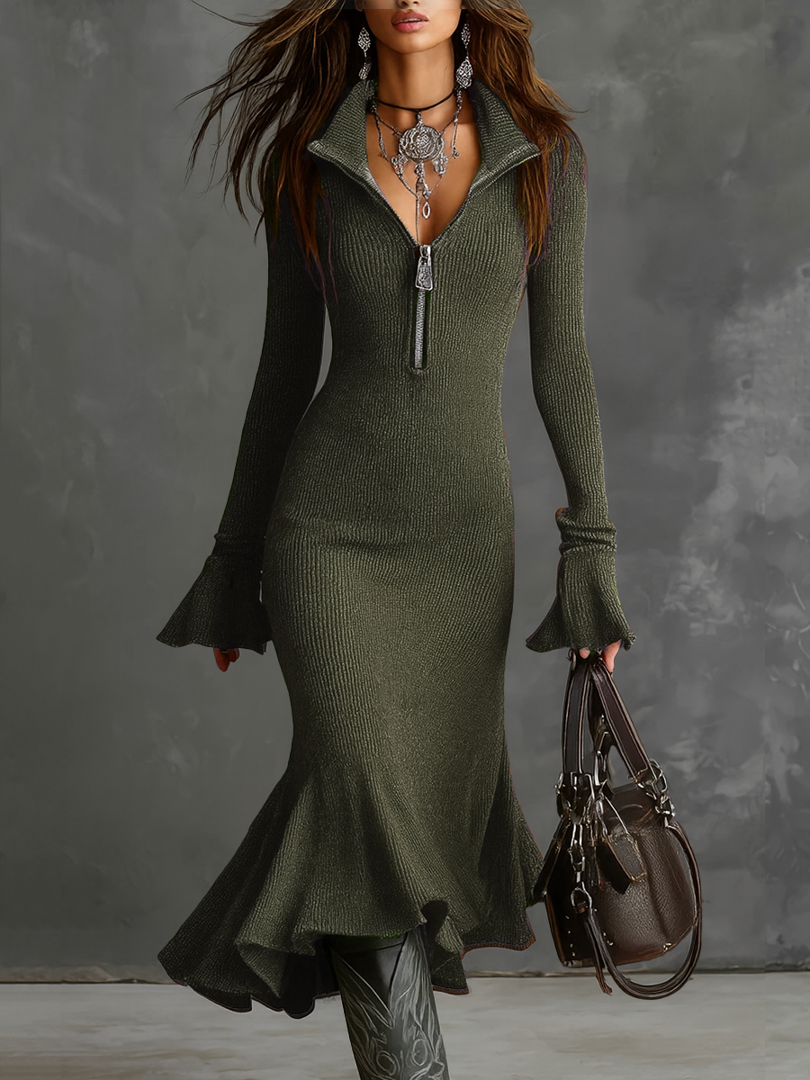 Knit midi dress for women in soft fabric, featuring long sleeves and a fitted silhouette, by My Store.