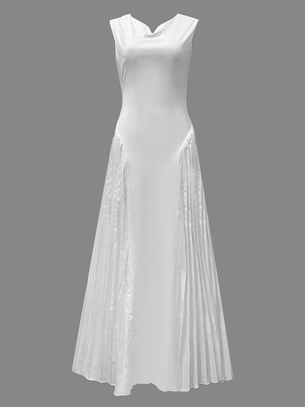 White A-line maxi dress with loose pleats and V-neck, stylish solid color dress from My Store, ideal for elegant occasions.