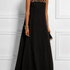 White sleeveless maxi dress with split-joint design and round neck, featuring a hollow solid color style from My Store.