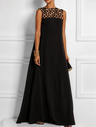 White sleeveless maxi dress with split-joint design and round neck, featuring a hollow solid color style from My Store.
