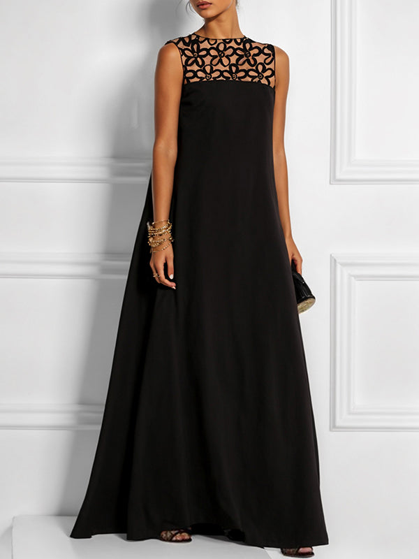 White sleeveless maxi dress with split-joint design and round neck, featuring a hollow solid color style from My Store.