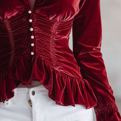Red velvet pleated ruffled long sleeve blouse from My Store, featuring elegant ruffles and a stylish velvet finish.