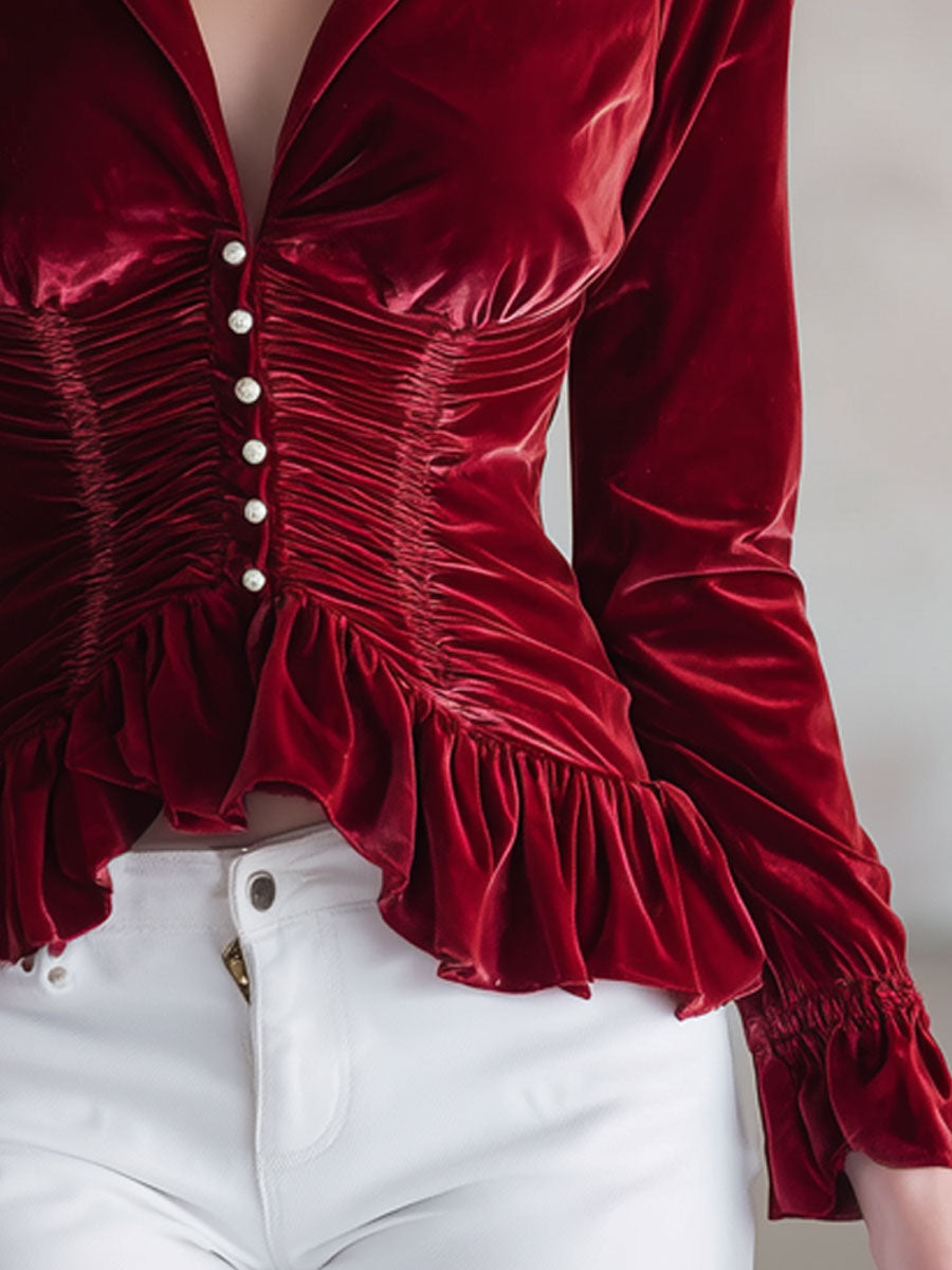 Red velvet pleated ruffled long sleeve blouse from My Store, featuring elegant ruffles and a stylish velvet finish.
