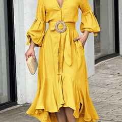 White high-low puff sleeve pleated maxi dress with lapel collar, featuring a solid color design and elegant style.