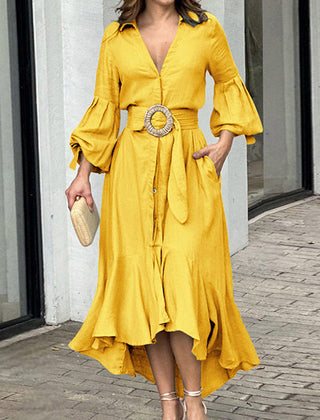 White high-low puff sleeve pleated maxi dress with lapel collar, featuring a solid color design and elegant style.