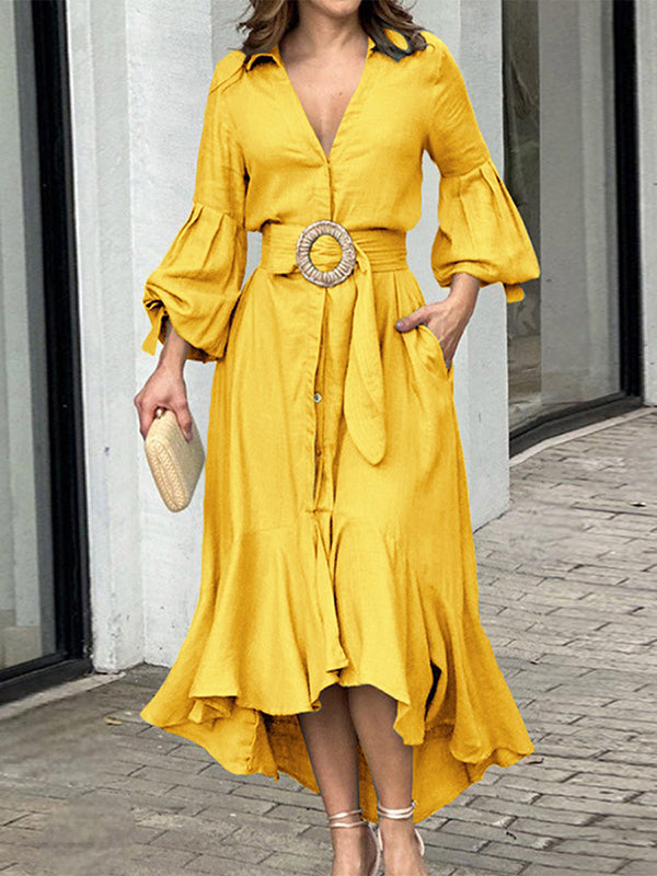 White high-low puff sleeve pleated maxi dress with lapel collar, featuring a solid color design and elegant style.