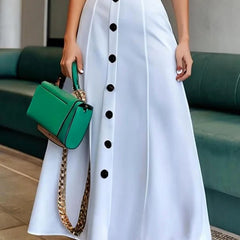 White maxi dress with puff sleeves, short sleeves, belt, button details, solid color, lapel neckline, by My Store