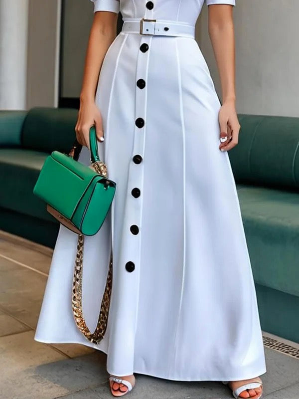 White maxi dress with puff sleeves, short sleeves, belt, button details, solid color, lapel neckline, by My Store