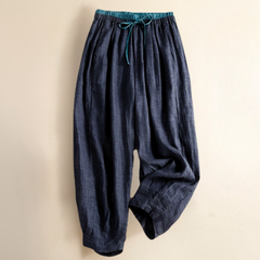 Beige tapered linen trousers for women, loose pull-on style, casual pants from My Store, shown on a model.