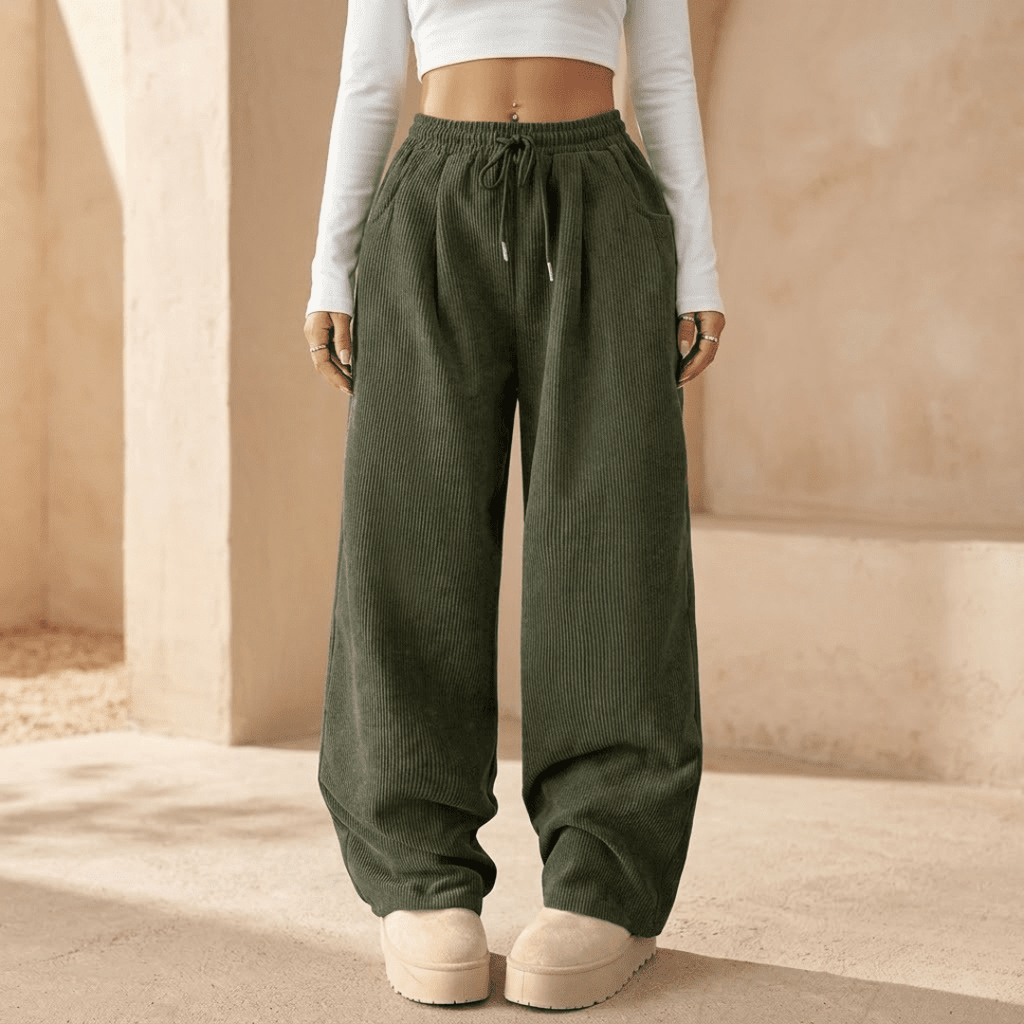 Women's wide-leg corduroy trousers by Tammy Bradley, relaxed fit, showing the soft textured fabric and stylish silhouette.