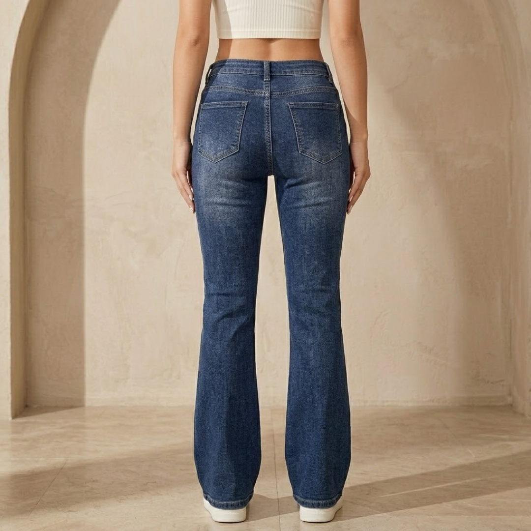Women’s mid-waist stretch flared jeans from My Store, slim fit denim pants with a stylish flared leg design.